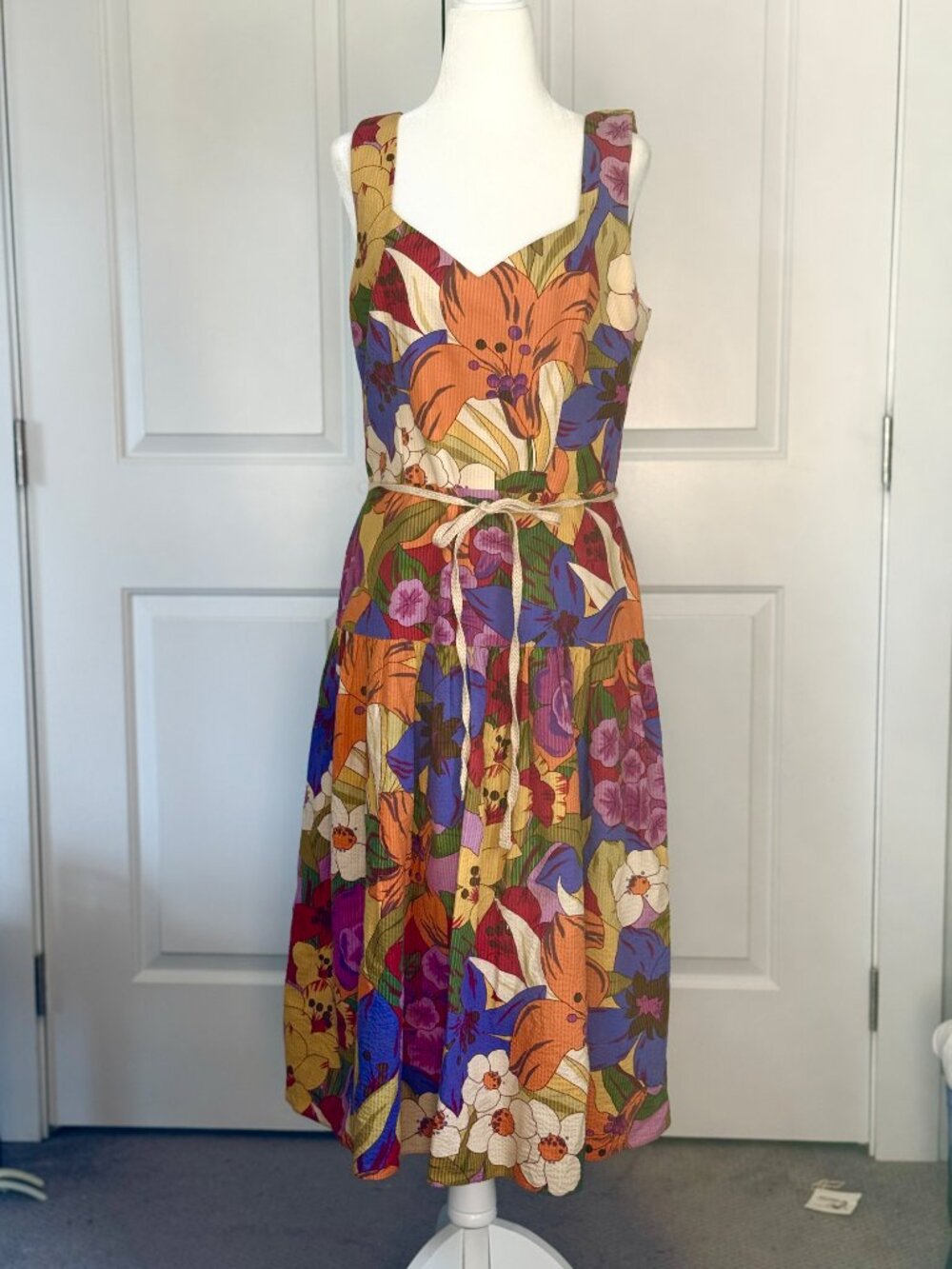 David Meister Y2K floral print midi dress w/ rope belt size 10/M